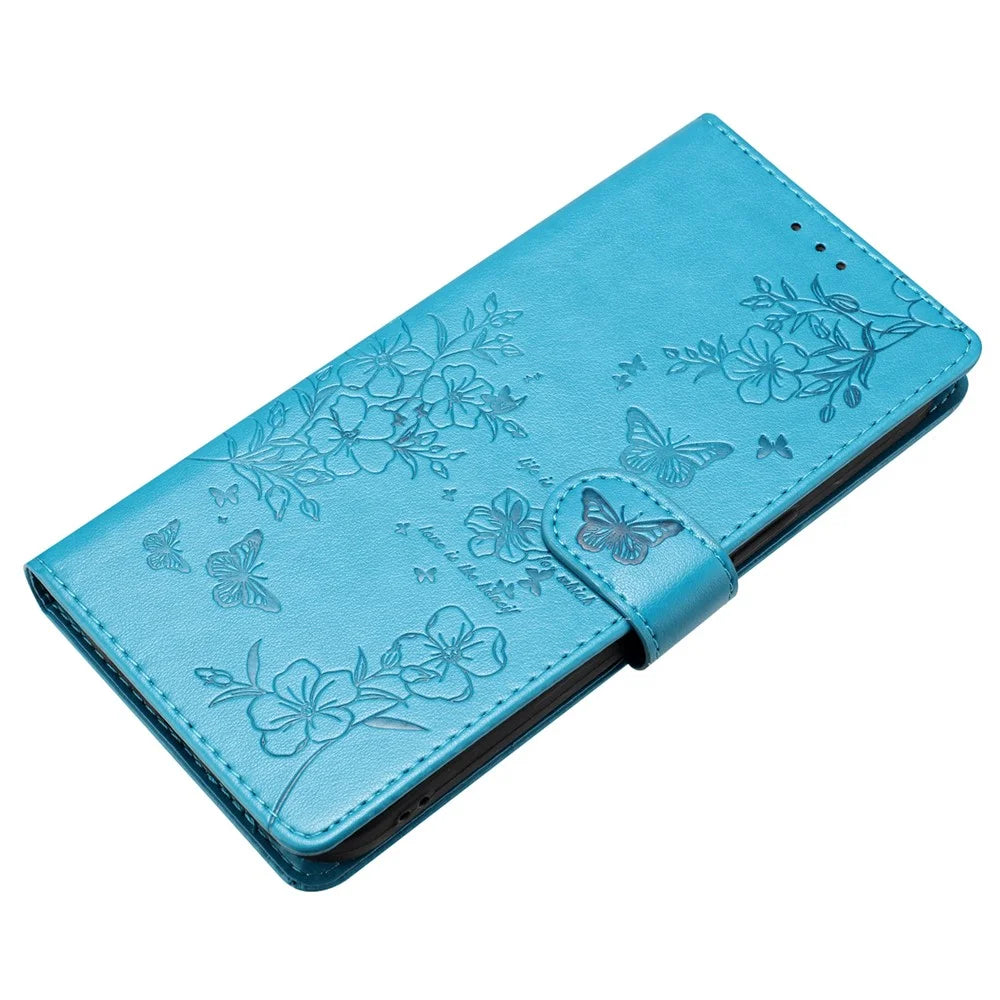For iPhone 14 Pro Max Case Butterfly Floral Imprint Anti-Drop Leather Wallet Phone Cover - Blue - 4
