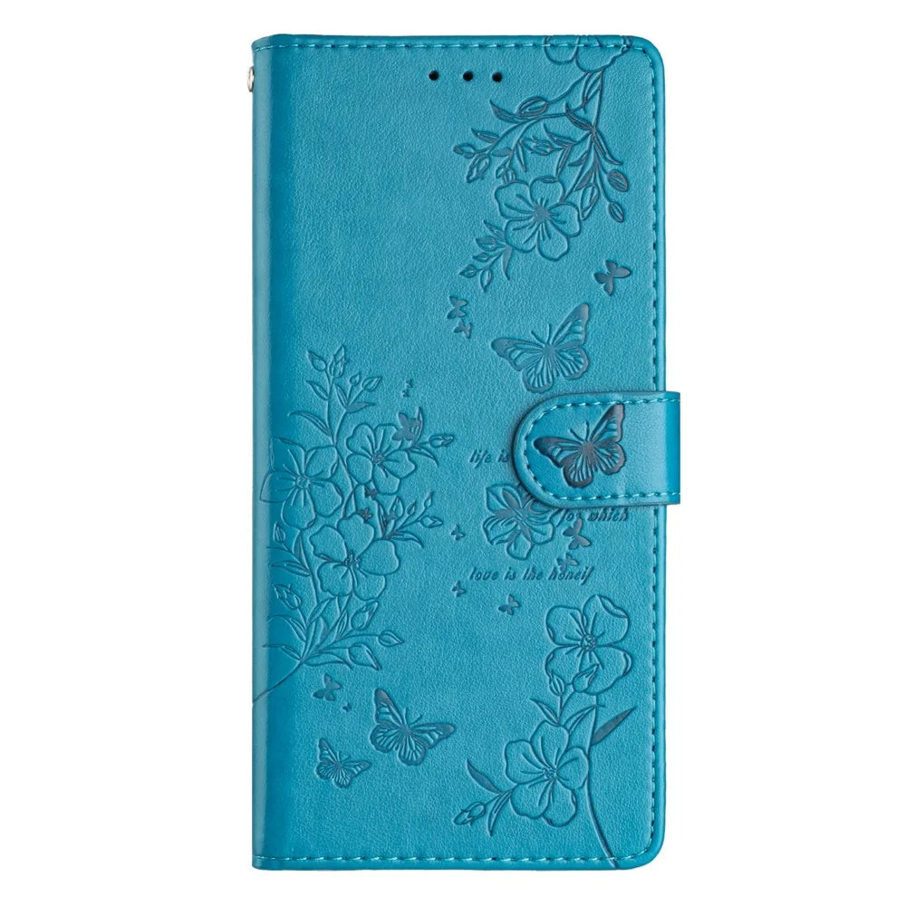 For iPhone 14 Pro Max Case Butterfly Floral Imprint Anti-Drop Leather Wallet Phone Cover - Blue - 5