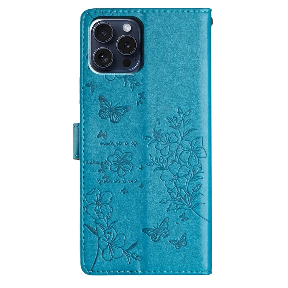 For iPhone 14 Pro Max Case Butterfly Floral Imprint Anti-Drop Leather Wallet Phone Cover - Blue - 6
