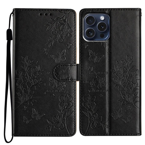 For iPhone 14 Pro Case Butterfly Floral Imprint Leather Wallet Phone Cover with Stand - Black - 1