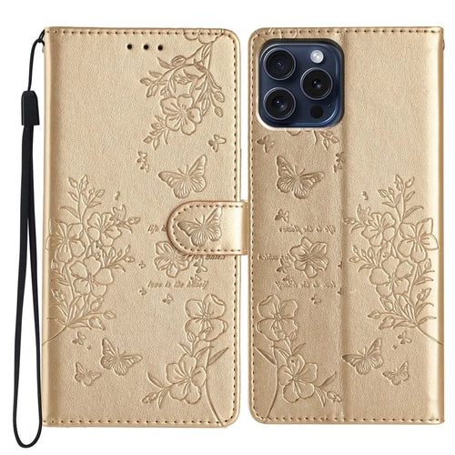 For iPhone 13 Pro Max Case Butterfly Floral Imprint Leather Phone Cover with Wallet - Gold - 1