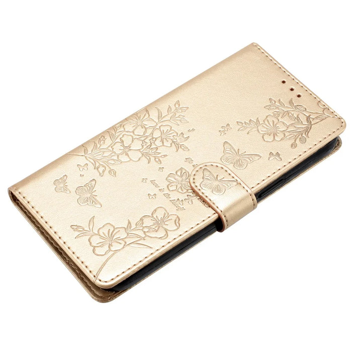 For iPhone 13 Pro Max Case Butterfly Floral Imprint Leather Phone Cover with Wallet - Gold - 4
