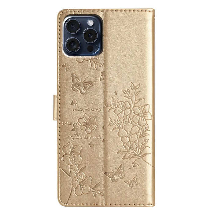For iPhone 13 Pro Max Case Butterfly Floral Imprint Leather Phone Cover with Wallet - Gold - 6