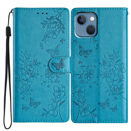 For iPhone 14 Shockproof Case Butterfly Floral Imprint Leather Wallet Phone Cover - Blue - 1