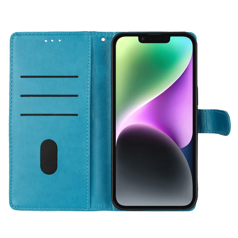 For iPhone 14 Shockproof Case Butterfly Floral Imprint Leather Wallet Phone Cover - Blue - 2