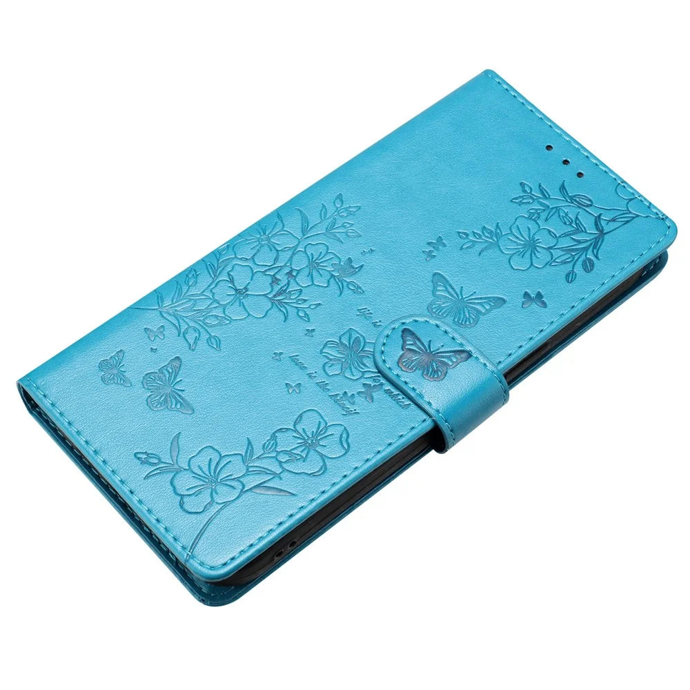 For iPhone 14 Shockproof Case Butterfly Floral Imprint Leather Wallet Phone Cover - Blue - 4