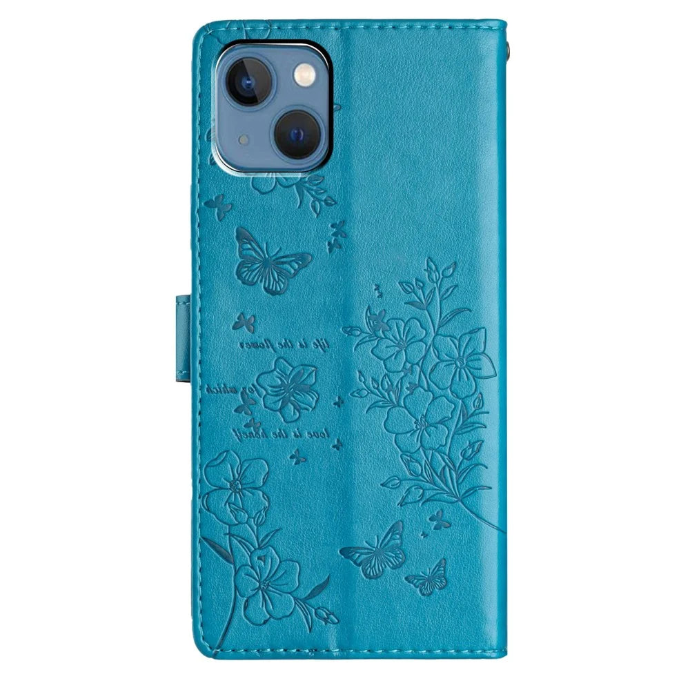For iPhone 14 Shockproof Case Butterfly Floral Imprint Leather Wallet Phone Cover - Blue - 6