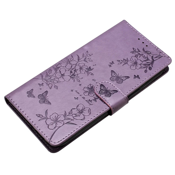 For iPhone 13 Pro Wallet Case Butterfly Floral Imprint Leather Phone Cover with Stand - Purple - 4