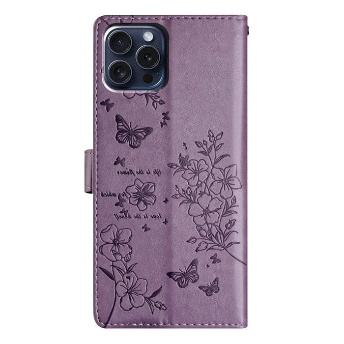 For iPhone 13 Pro Wallet Case Butterfly Floral Imprint Leather Phone Cover with Stand - Purple - 6