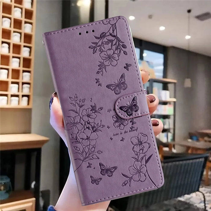 For iPhone 13 Pro Wallet Case Butterfly Floral Imprint Leather Phone Cover with Stand - Purple - 7