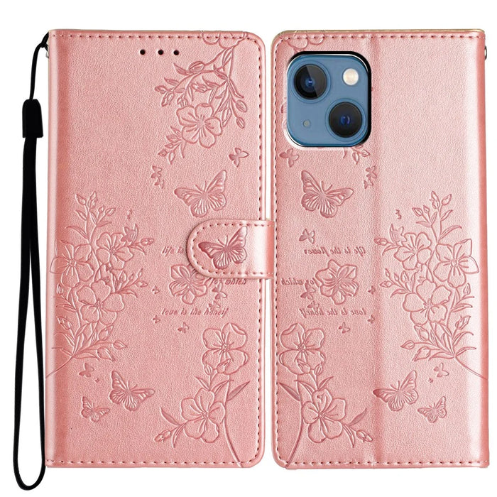 For iPhone 13 Case Butterfly Floral Imprint Leather Wallet Phone Cover with Strap - Rose Gold - 1