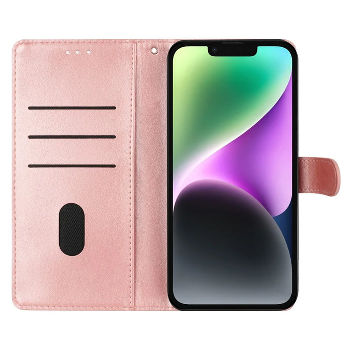 For iPhone 13 Case Butterfly Floral Imprint Leather Wallet Phone Cover with Strap - Rose Gold - 2