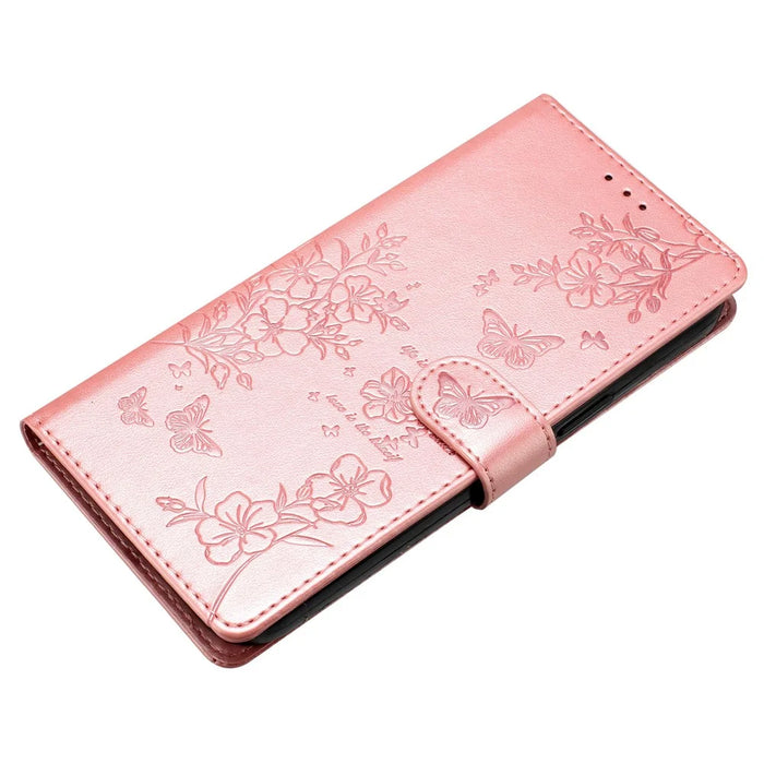 For iPhone 13 Case Butterfly Floral Imprint Leather Wallet Phone Cover with Strap - Rose Gold - 4