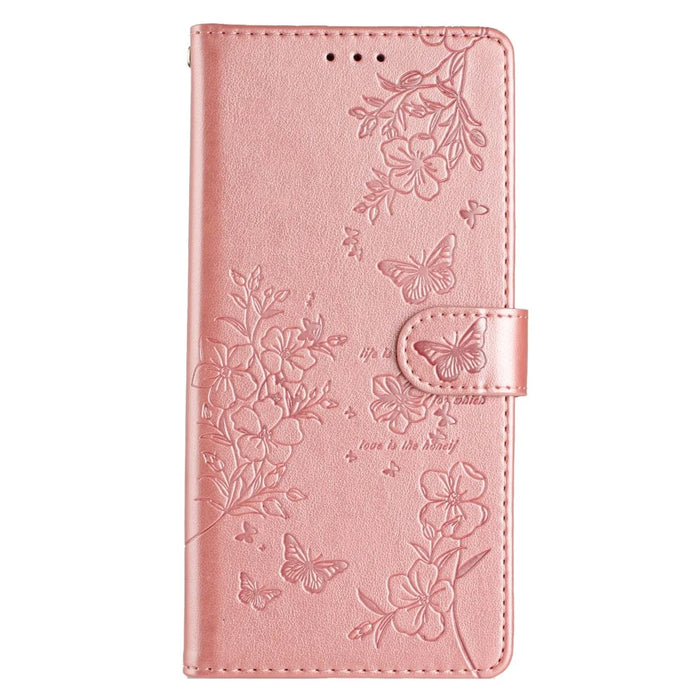 For iPhone 13 Case Butterfly Floral Imprint Leather Wallet Phone Cover with Strap - Rose Gold - 5