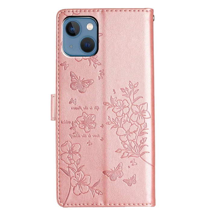 For iPhone 13 Case Butterfly Floral Imprint Leather Wallet Phone Cover with Strap - Rose Gold - 6