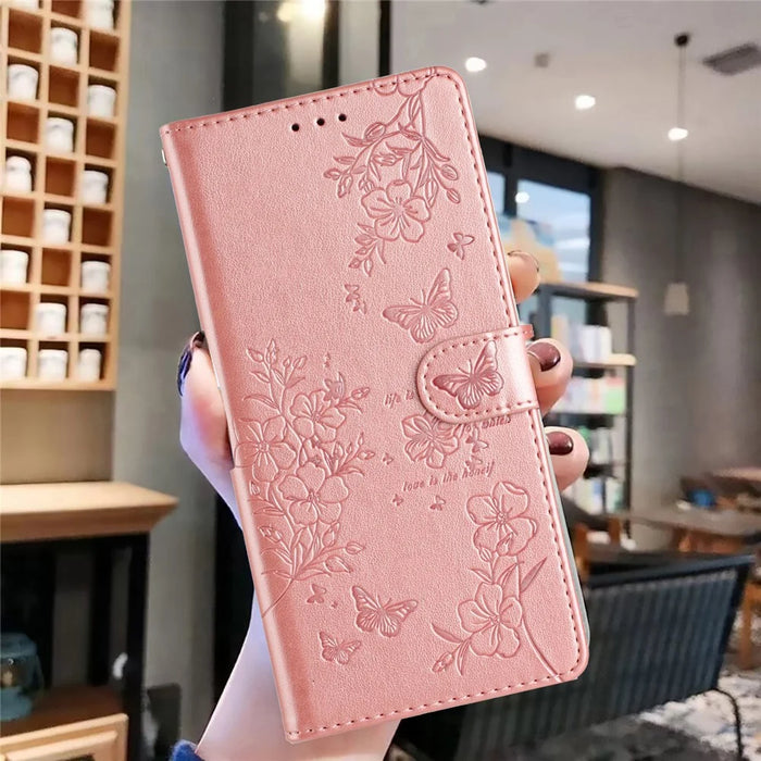For iPhone 13 Case Butterfly Floral Imprint Leather Wallet Phone Cover with Strap - Rose Gold - 7