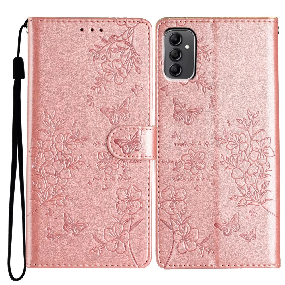 For Samsung Galaxy A14 5G Phone Case Butterfly Floral Imprint Leather Flip Cover with Wallet - Rose Gold - 1