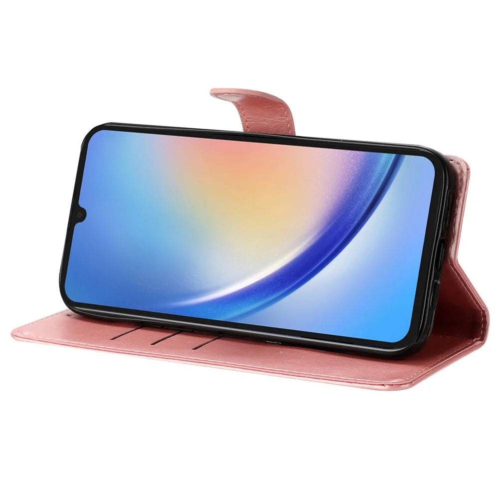 For Samsung Galaxy A14 5G Phone Case Butterfly Floral Imprint Leather Flip Cover with Wallet - Rose Gold - 3
