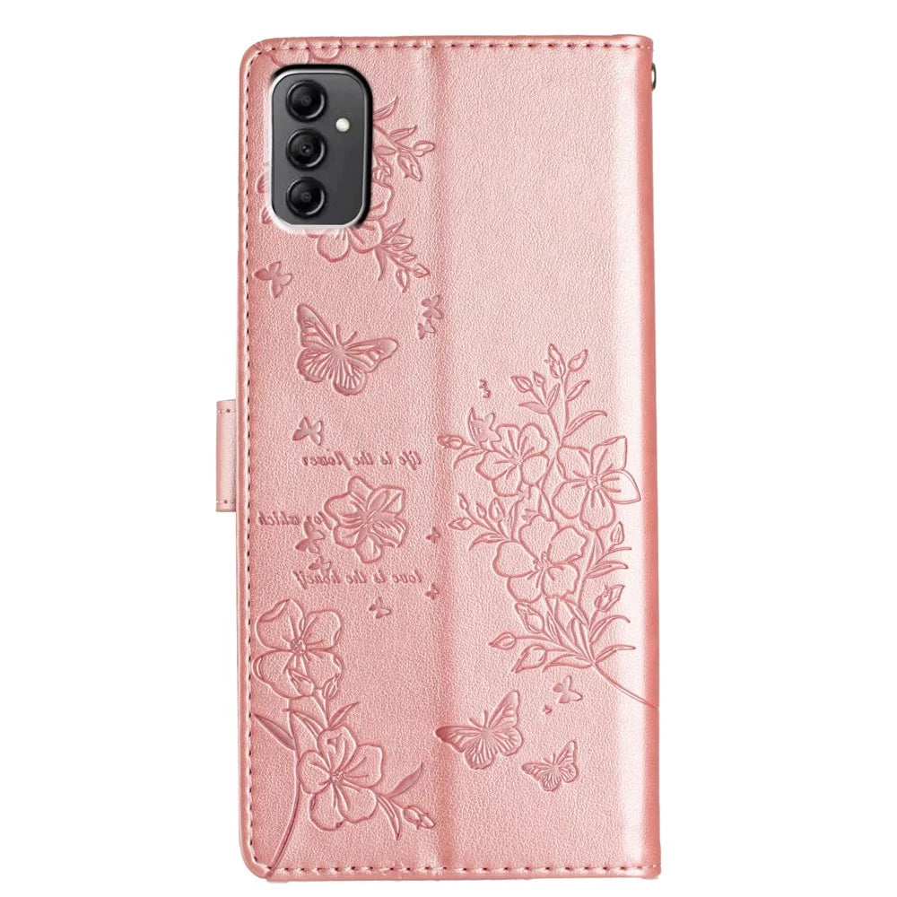 For Samsung Galaxy A14 5G Phone Case Butterfly Floral Imprint Leather Flip Cover with Wallet - Rose Gold - 6