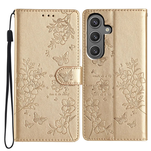 For Samsung Galaxy A54 5G Wallet Phone Case Butterfly Floral Imprint Stand Leather Cover - Gold - 1