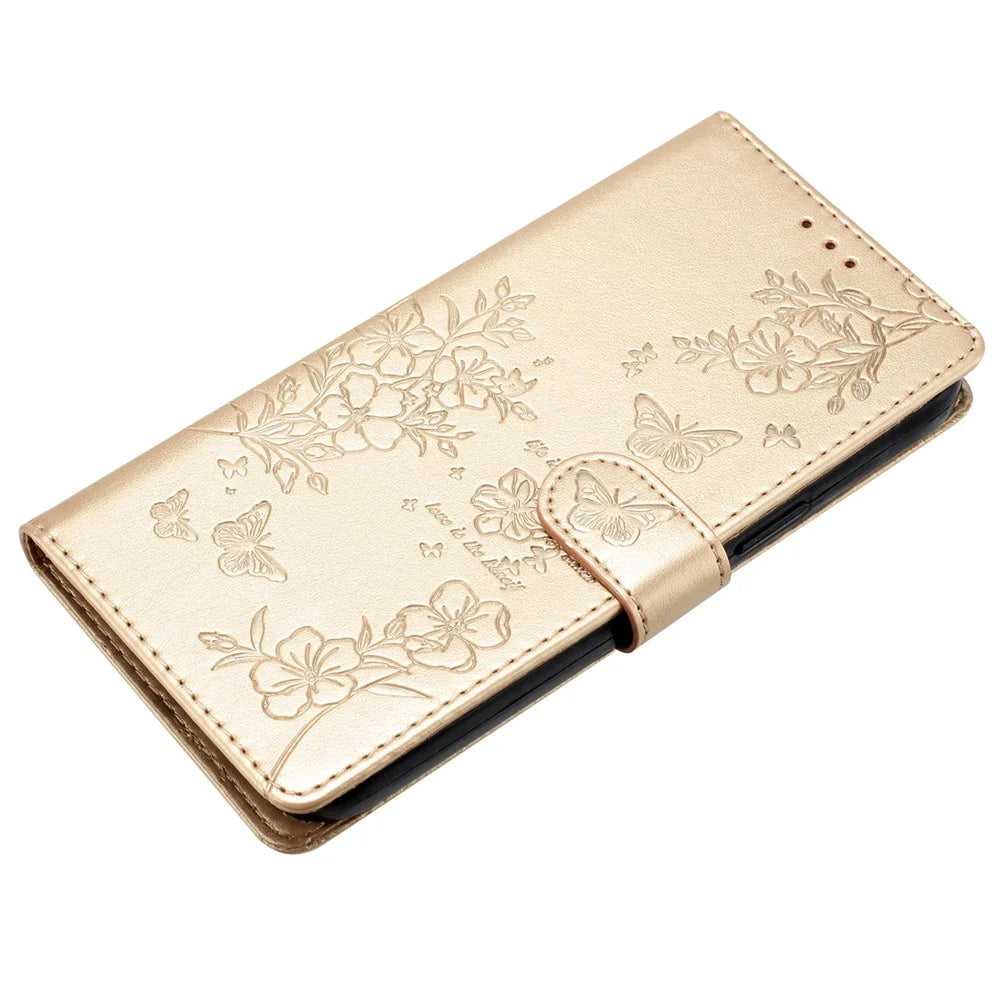 For Samsung Galaxy A54 5G Wallet Phone Case Butterfly Floral Imprint Stand Leather Cover - Gold - 4
