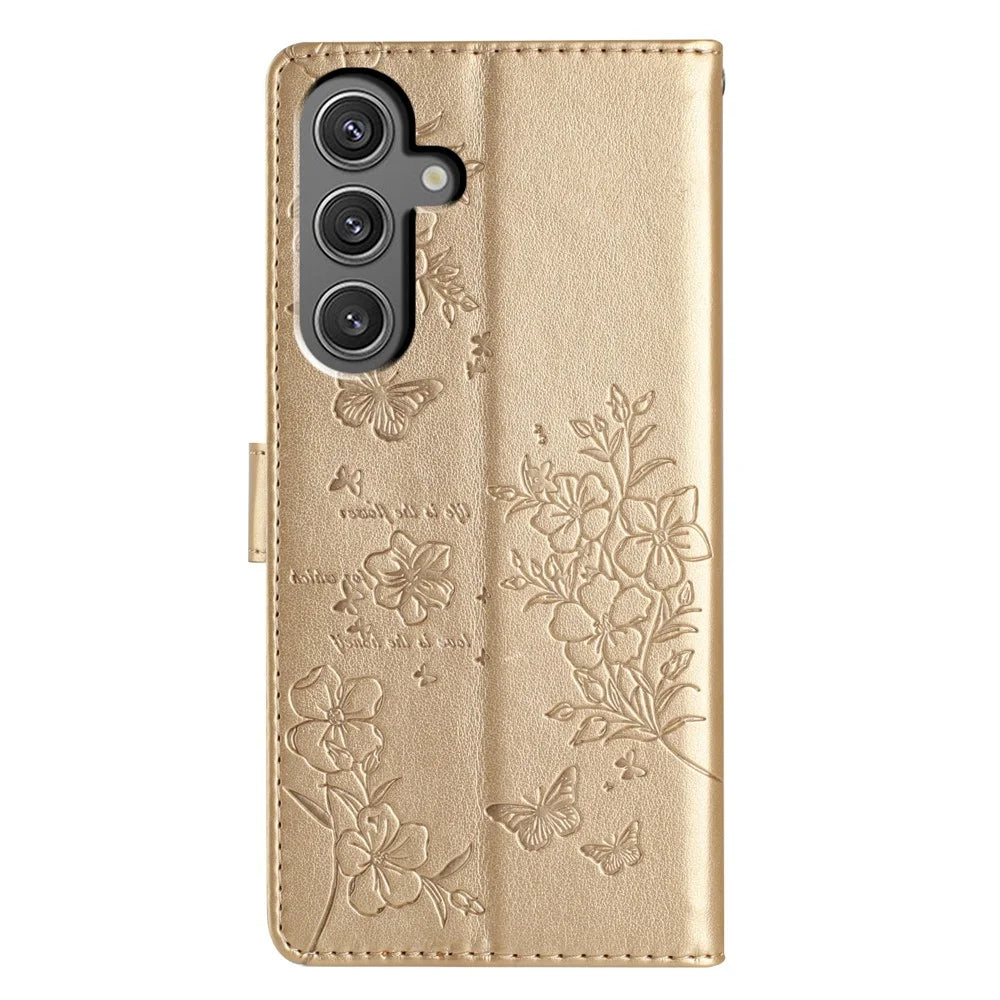 For Samsung Galaxy A54 5G Wallet Phone Case Butterfly Floral Imprint Stand Leather Cover - Gold - 6