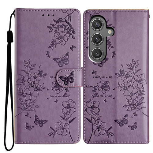 For Samsung Galaxy A15 5G Wallet Phone Case Butterfly Floral Imprint Leather Cover - Purple - 1