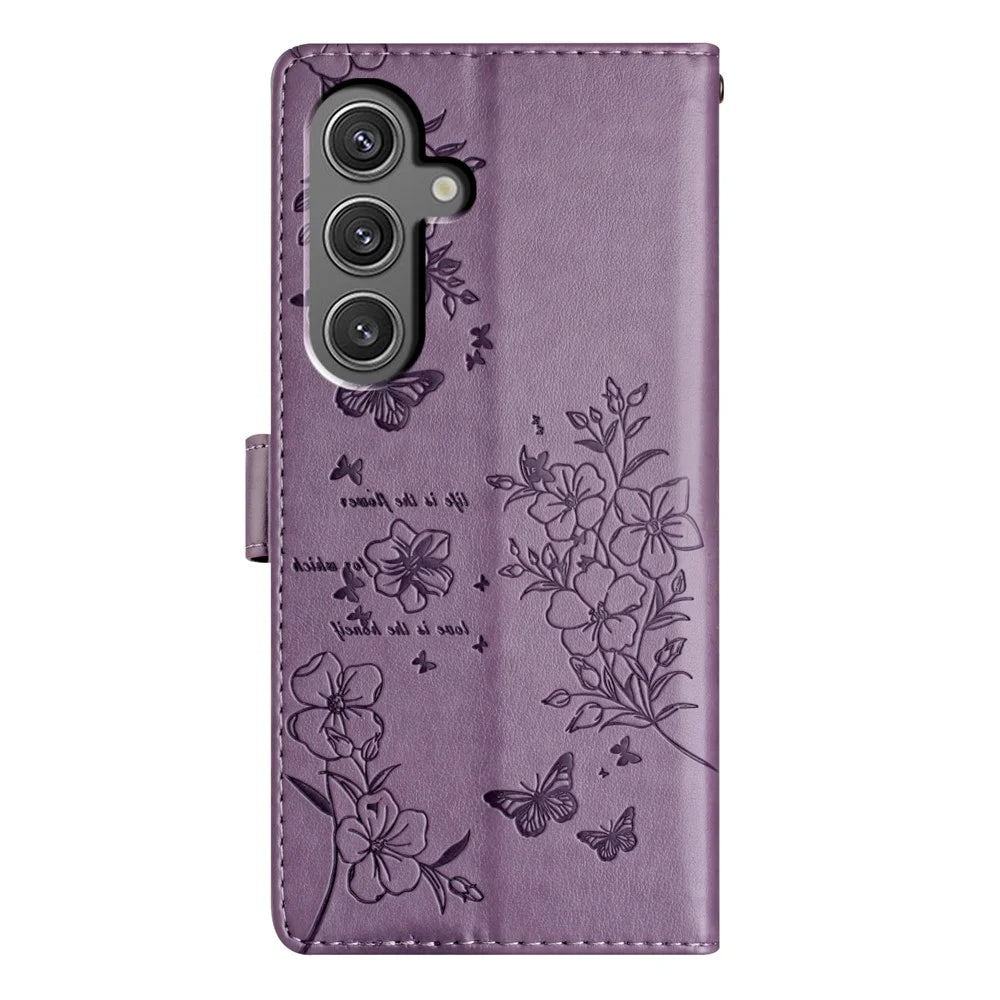 For Samsung Galaxy A15 5G Wallet Phone Case Butterfly Floral Imprint Leather Cover - Purple - 6