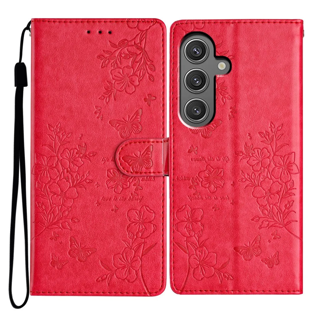 For Samsung Galaxy S23 FE Phone Case Butterfly Floral Imprint Leather Wallet Cover - Red - 1