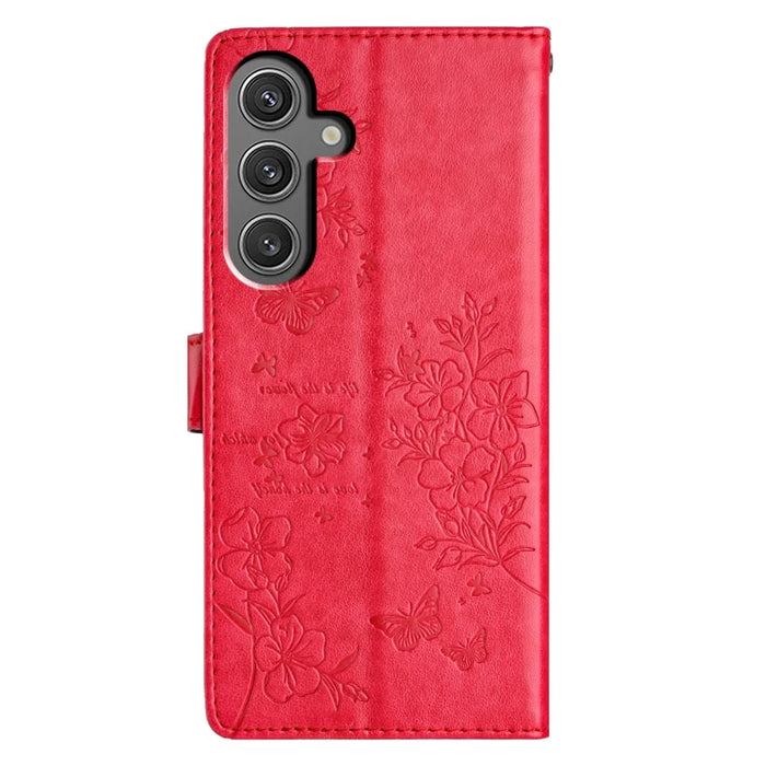 For Samsung Galaxy S23 FE Phone Case Butterfly Floral Imprint Leather Wallet Cover - Red - 6