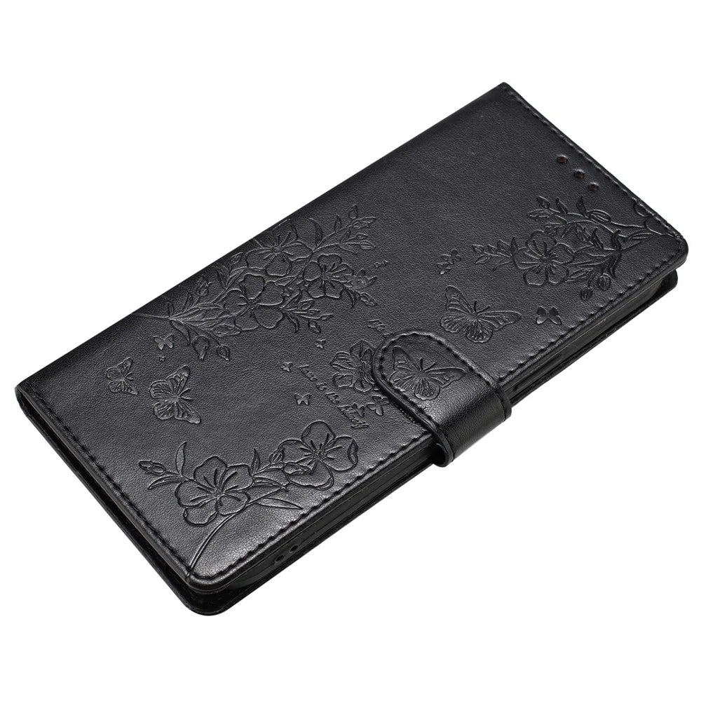 For Samsung Galaxy S24 FE Wallet Phone Case Butterfly Floral Imprint Leather Shockproof Cover - Black - 4