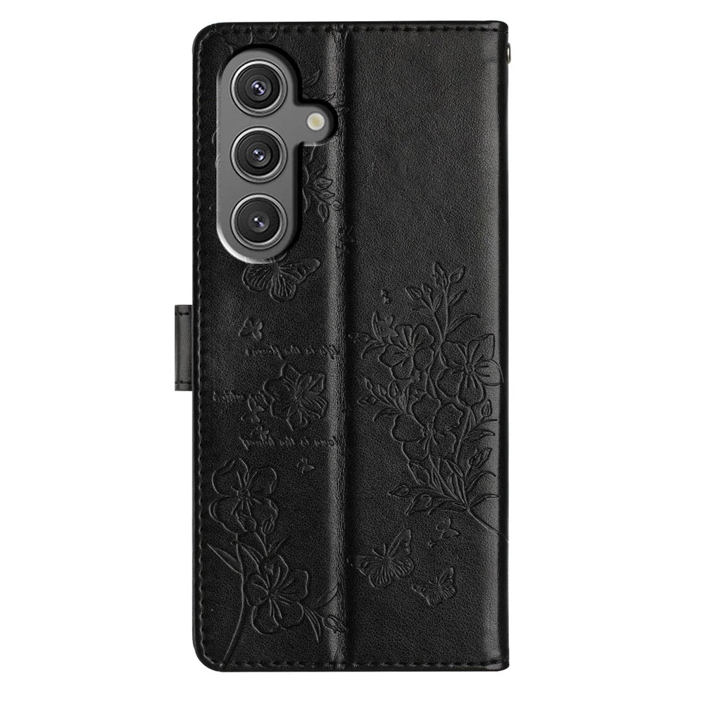 For Samsung Galaxy S24 FE Wallet Phone Case Butterfly Floral Imprint Leather Shockproof Cover - Black - 6