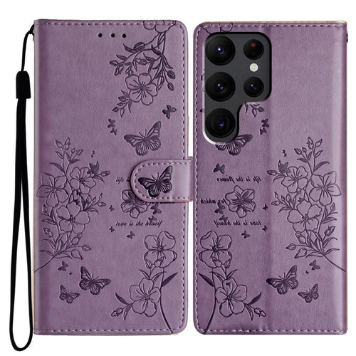 For Samsung Galaxy S24 Ultra Stand Case Butterfly Floral Imprint Leather Wallet Phone Cover - Purple - 1