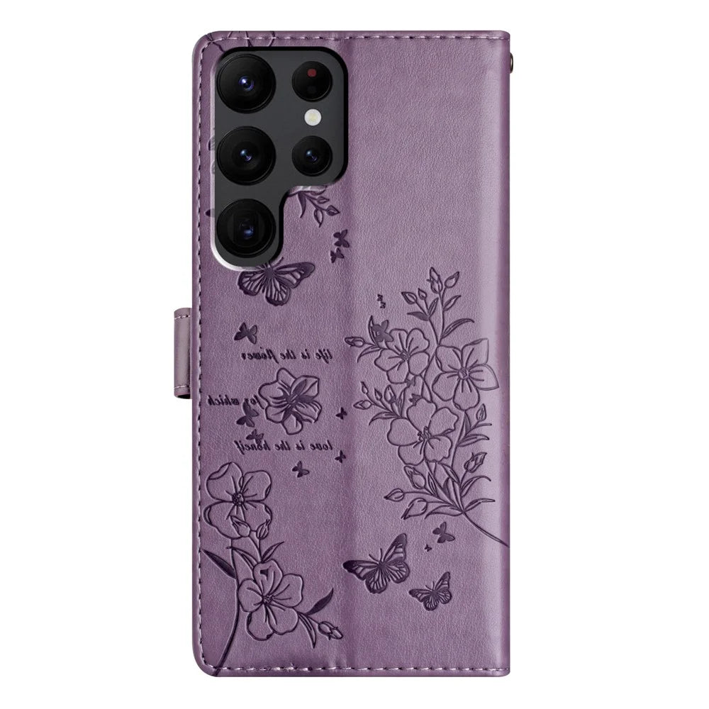 For Samsung Galaxy S24 Ultra Stand Case Butterfly Floral Imprint Leather Wallet Phone Cover - Purple - 6
