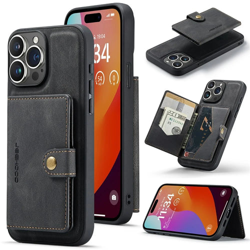 JEEHOOD J01 For iPhone 15 Pro Max Case Leather+TPU Phone Cover Detachable Card Bag - Black - 1