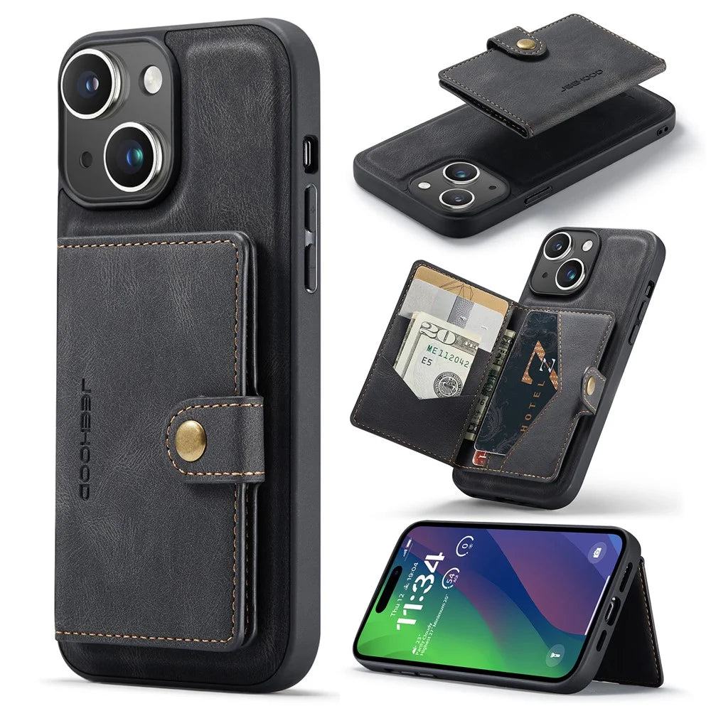 JEEHOOD J01 For iPhone 15 Plus Case Leather Back Cover Detachable Magnetic Card Holder - Black - 1