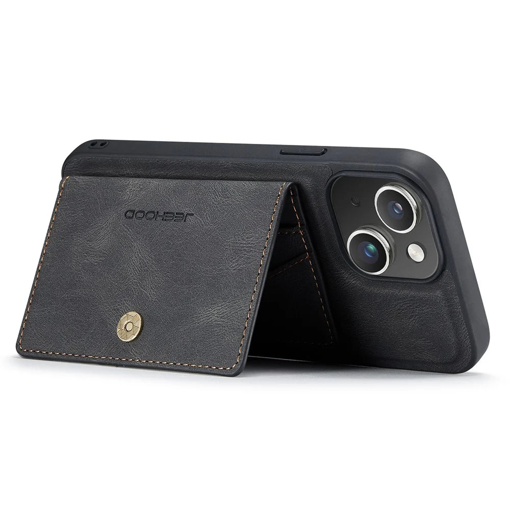 JEEHOOD J01 For iPhone 15 Plus Case Leather Back Cover Detachable Magnetic Card Holder - Black - 4
