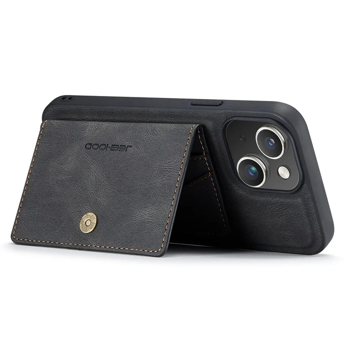JEEHOOD J01 For iPhone 15 Plus Case Leather Back Cover Detachable Magnetic Card Holder - Black - 4