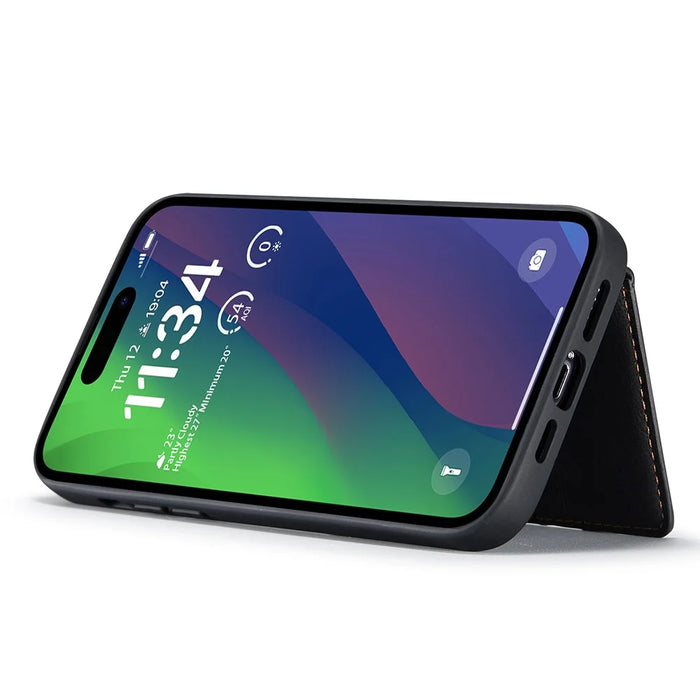 JEEHOOD J01 For iPhone 15 Plus Case Leather Back Cover Detachable Magnetic Card Holder - Black - 5