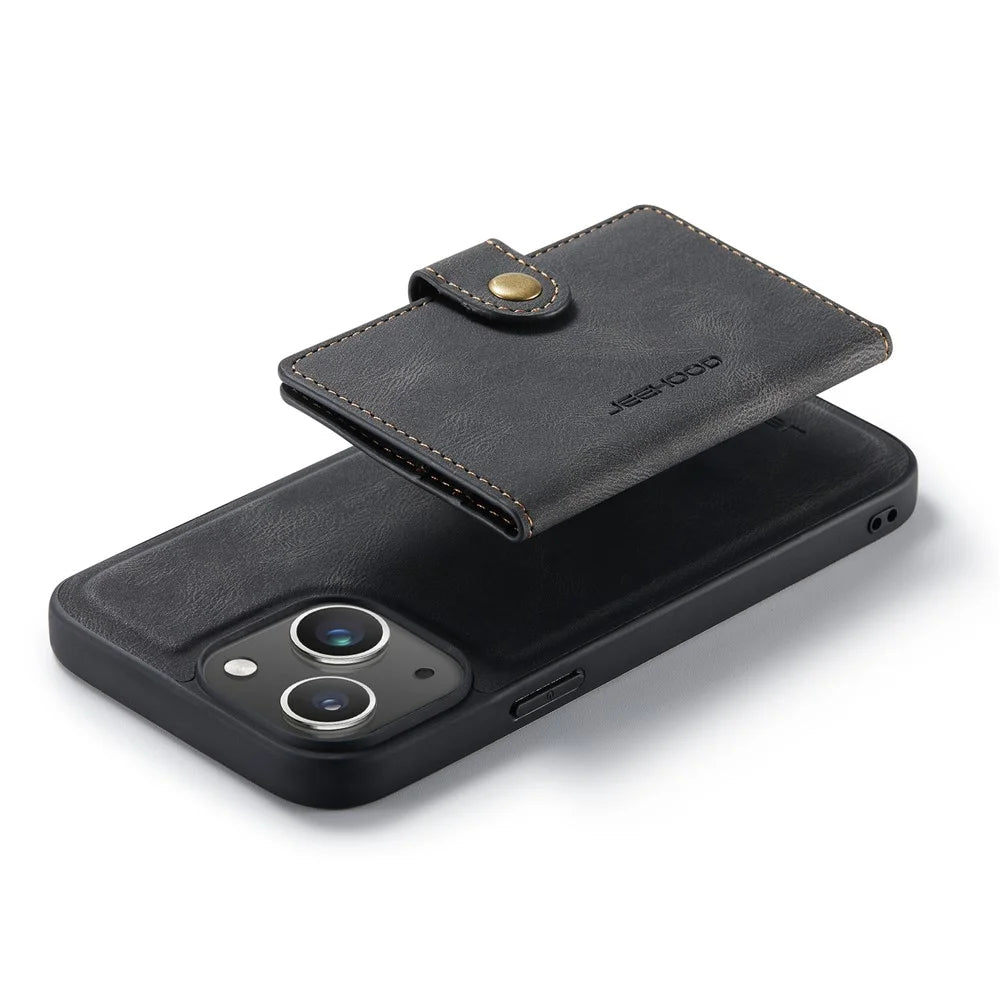 JEEHOOD J01 For iPhone 15 Plus Case Leather Back Cover Detachable Magnetic Card Holder - Black - 6