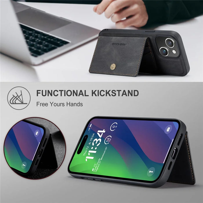 JEEHOOD J01 For iPhone 15 Plus Case Leather Back Cover Detachable Magnetic Card Holder - Black - 7