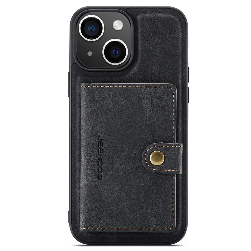 JEEHOOD J01 For iPhone 15 Case Card Bag Kickstand Leather Coated TPU Phone Cover - Black - 2