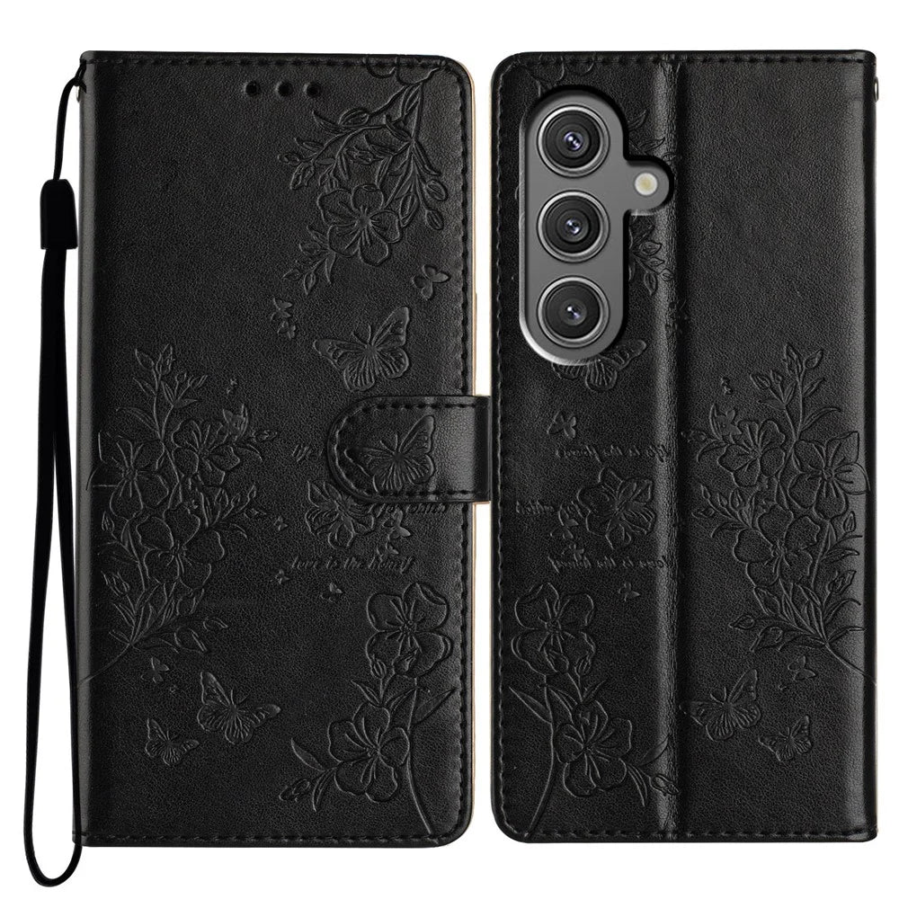 For Samsung Galaxy A55 5G Wallet Case Butterfly Floral Imprint Stand Leather Phone Cover - Black - 1