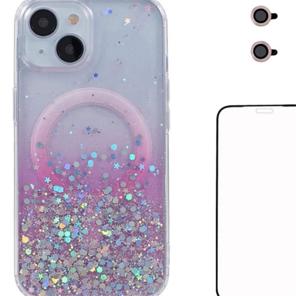 WANLONFENG JWT Series For iPhone 14 Glitter Sequin TPU+Acrylic Magnetic Phone Case with Screen Film + Lens Film - Pink - 1