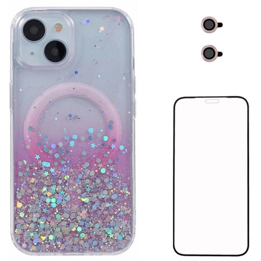WANLONFENG JWT Series For iPhone 15 Glitter Sequin TPU+Acrylic Magnetic Phone Case with Screen Film + Lens Film - Pink - 1