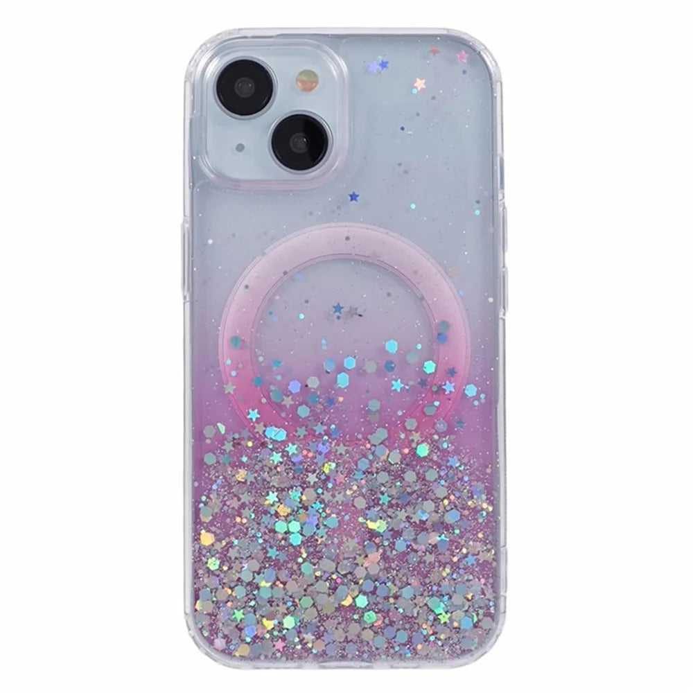 WANLONFENG JWT Series For iPhone 13 Glitter Sequin TPU+Acrylic Magnetic Phone Case with Screen Film + Lens Film - Pink - 2