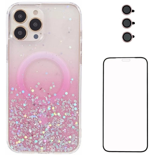 WANLONFENG JWT Series For iPhone 13 Pro Max Glitter Sequin TPU+Acrylic Magnetic Phone Case with Screen Film + Lens Film - Pink - 1