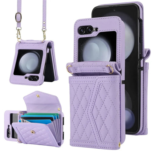 For Samsung Galaxy Z Flip5 5G Crossbody Case Card Holders PU Leather+PC Phone Cover RFID Blocking - Purple - 1