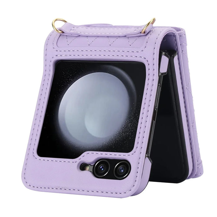 For Samsung Galaxy Z Flip5 5G Crossbody Case Card Holders PU Leather+PC Phone Cover RFID Blocking - Purple - 2