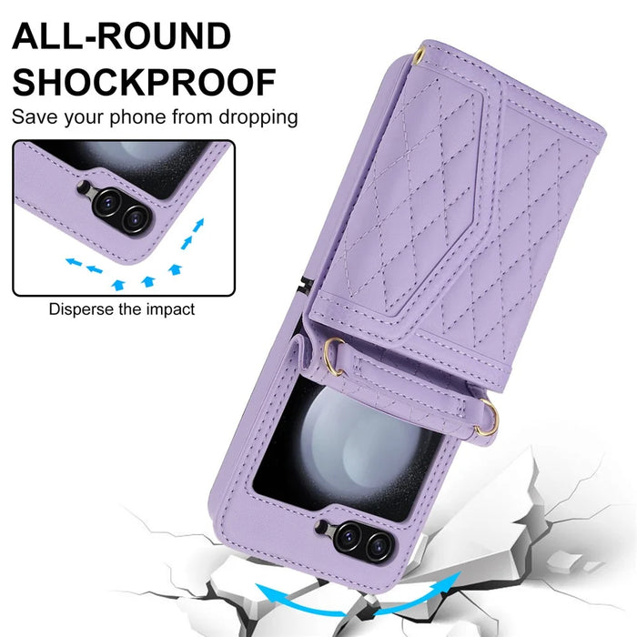 For Samsung Galaxy Z Flip5 5G Crossbody Case Card Holders PU Leather+PC Phone Cover RFID Blocking - Purple - 5